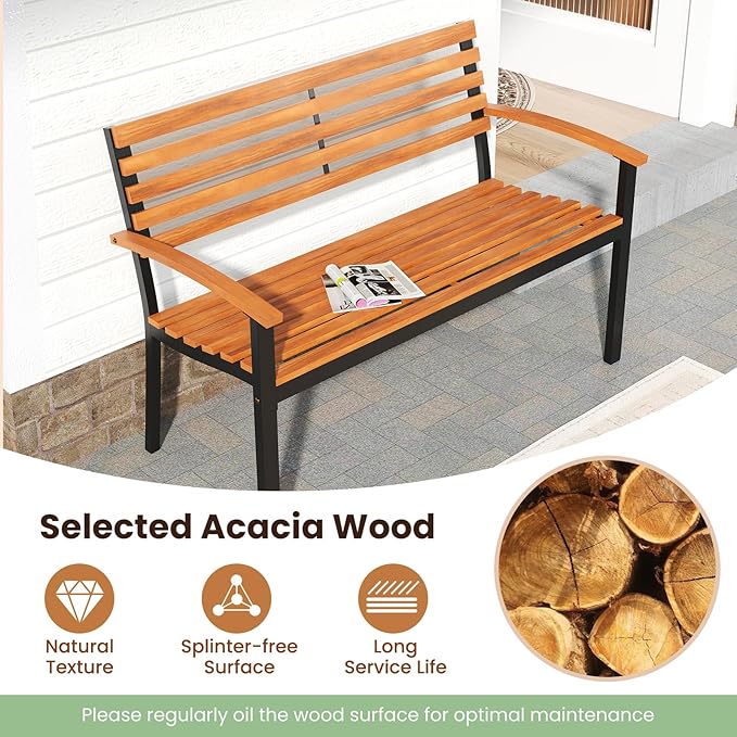 Tangkula 43" Outdoor Garden Bench, 2-Person Acacia Wood Bench with Heavy-Duty Metal Frame, Slatted Seat & Curved Armrests, 800 lbs Weight Capacity, Patio Bench for Porch, Yard, Balcony, Lawn