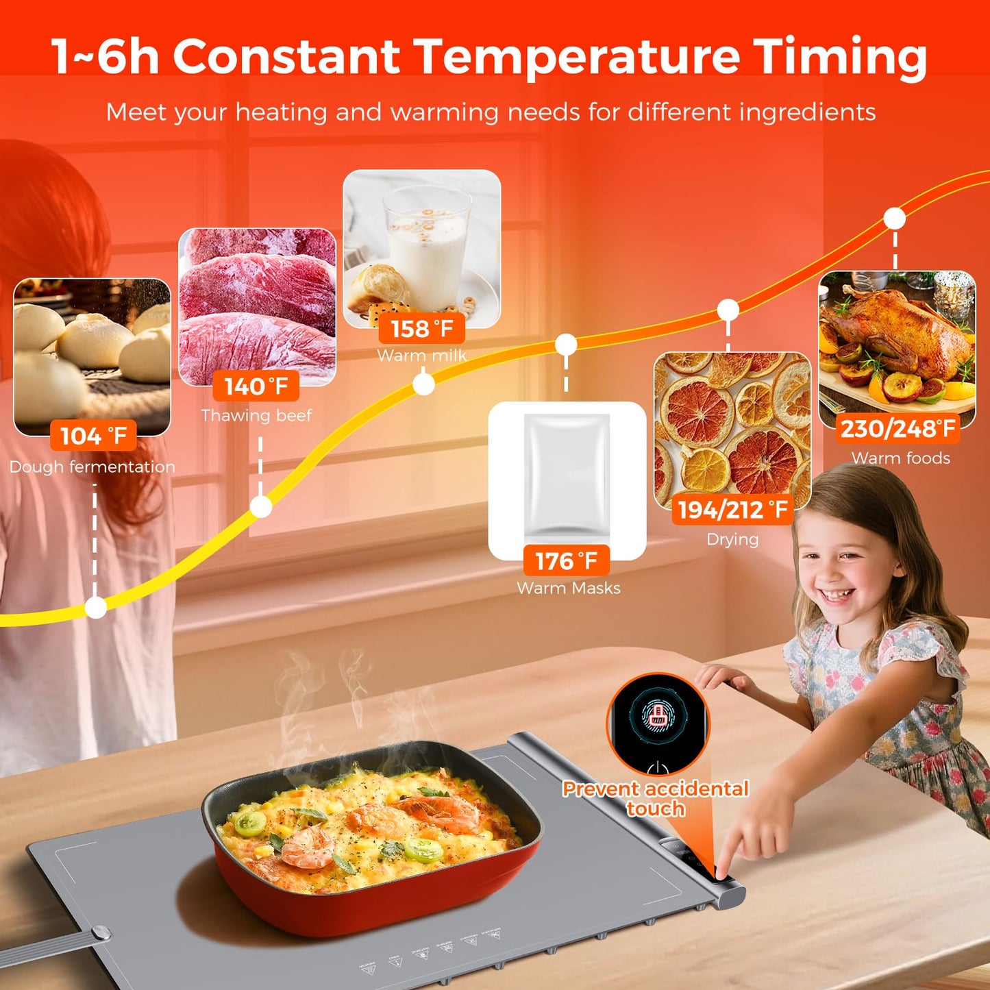 Warming Mat for Food | Max Temp 248℉,Fast Full-Surface Food Warmer with 8-Level Adjustable and Timer,Roll-Up & Portable Silicone Food Heating Pad with Child Lock,Electric Warming Tray for Buffet Party