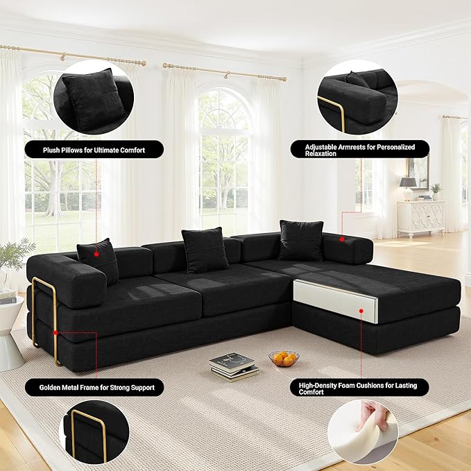 108" Oversized Convertible Sleeper Sofa Bed, Corduroy L Shape Sectional Couch, Folding Sofa Bed with Fixed-Shape Frame, Modern Cloud Floor Mattress Couch, Modular Sofa for Living Room,Black