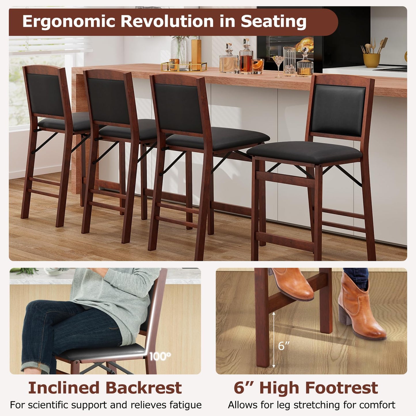 Giantex Folding Counter Height Bar Stools Set of 2, 24.5" Farmhouse Barstools w/Padded Back & Seat, Footrest, Rubber Wood Legs, No Assembly Needed, Upholstered Bar Dining Chairs for Kitchen Island
