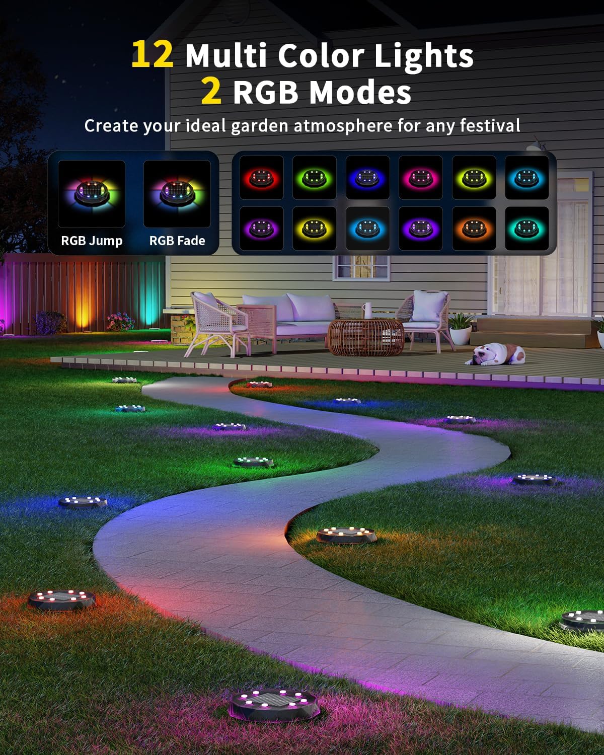 Solar Ground Lights with Remote Control 50ft,IP67 Waterproof Solar Garden 15 Multi Color Lights,RGBYW Solar Powered Outdoor Landscape Lighting for Pathway,Yard,Deck,Lawn,Patio,Walkway,Poolside,8 Pack
