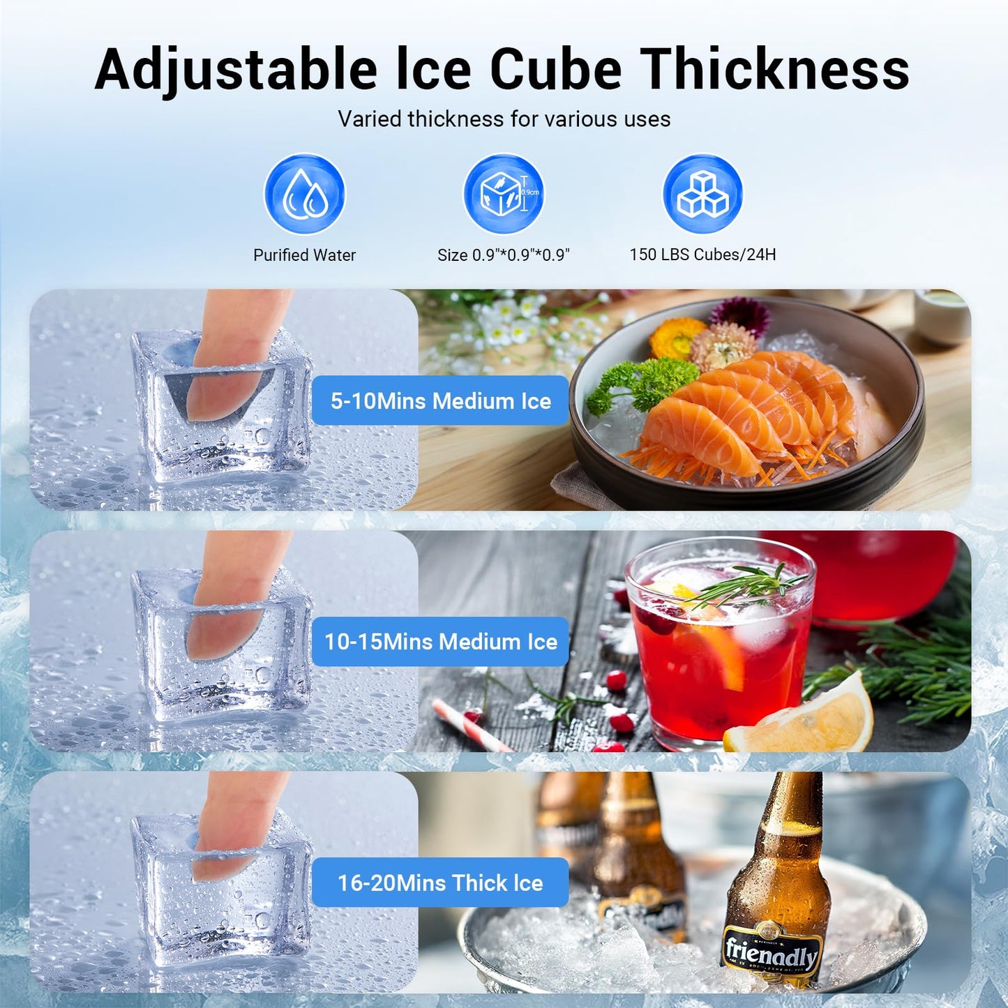 Ice Maker Commercial, 150lbs/Day Under Counter Ice Machine with 50 Lbs Storage Bin, 45 Ice Cubes in 8-15 Mins Free Standing Ice Maker for Home/Bar/Restaurant/Outdoor