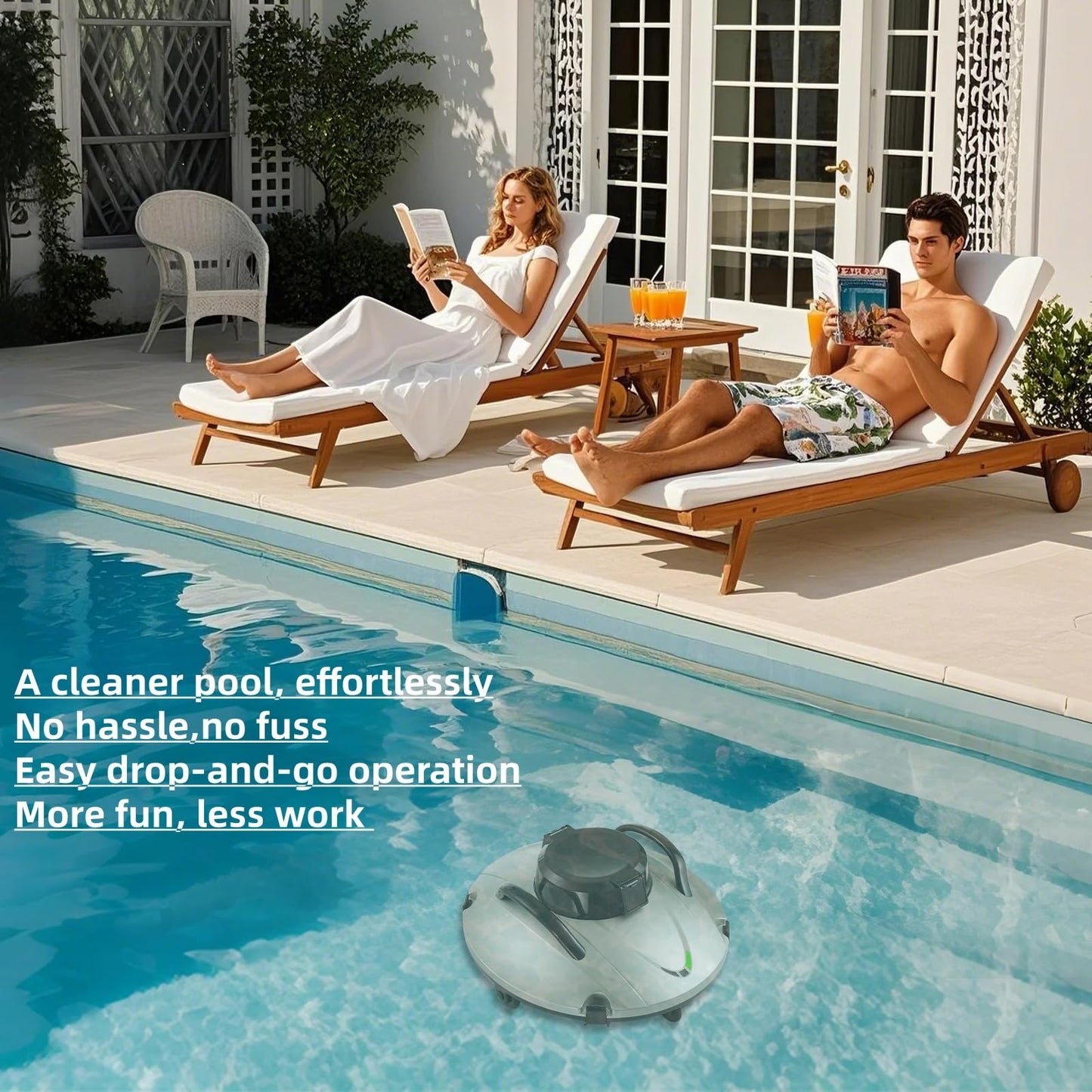 Cordless Robotic Pool Cleaner, Automatic Pool Vacuum for Above Ground Pools，Self-Parking