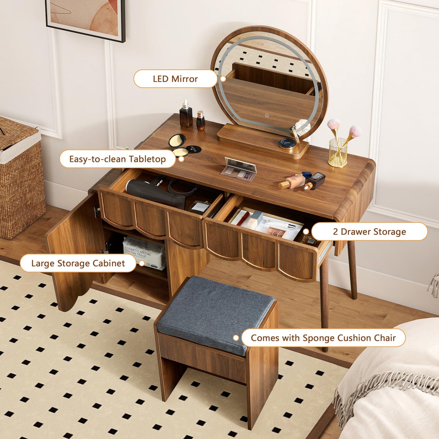 ORRD Vanity Desk with Mirror and Lights, Modern Wood Wave Panel Vanity Desk Set Makeup Table with Drawers and Cabinet, Dressing Table with Storage for Bedroom, Walnut