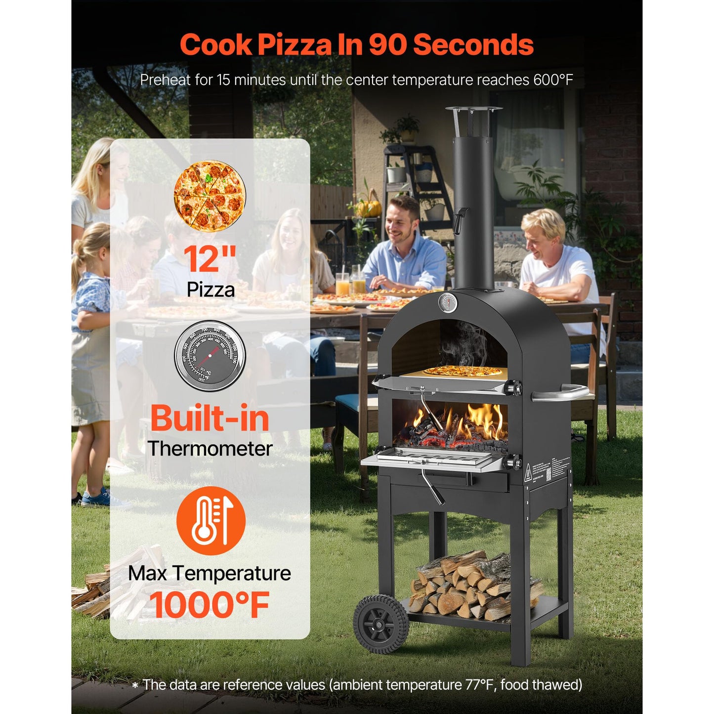 VEVOR Portable Outdoor Oven, 12-inch Stand Pizza Oven with Casters, Pellet & Chips & Charcoal & Firewood Four Fuel, Baked Paint Pizza Grill, Includes Pizza Stone, Pizza Shovel, for Camping & Backyard