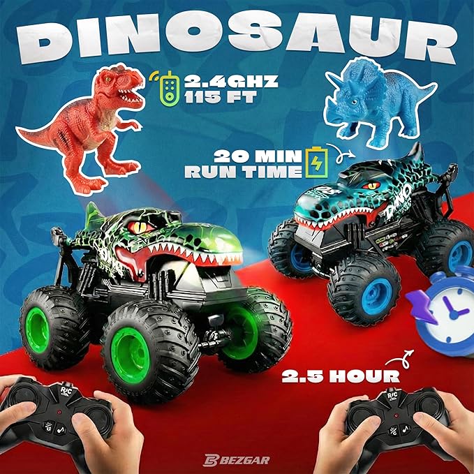 BEZGAR Monster Truck Toys - Remote Control Monster Truck with Light & Music, Dinosaur Toys for Kids, 1:20 Scale RC Truck with 360° Spins and Drifting, Remote Control Car for Boys 4-7 Blue