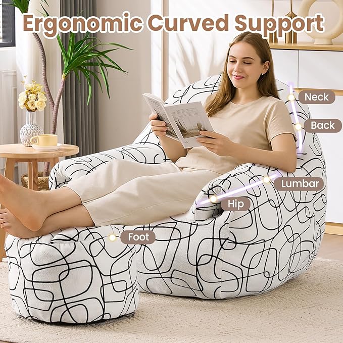 Peace nest Bean Bag Chair with Memory Foam Filled Ultra Soft Jacquard Pattern Cover for Adults Comfy Fur Bean Bag Chairs with Armrests Ottoman for Bedroom Living Room Office Dorm Reading Lines