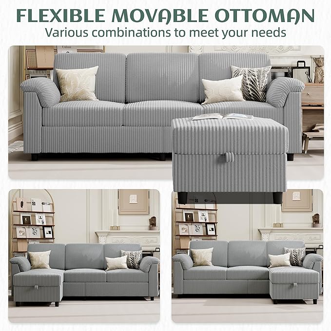 Vongrasig 79" Convertible Sectional Couch Sofa with Storage Ottoman, 3 Seat L Shaped Couch with Side Storage Pockage, Small Couches for Living Room, Apartment and Small Space (Light Grey)