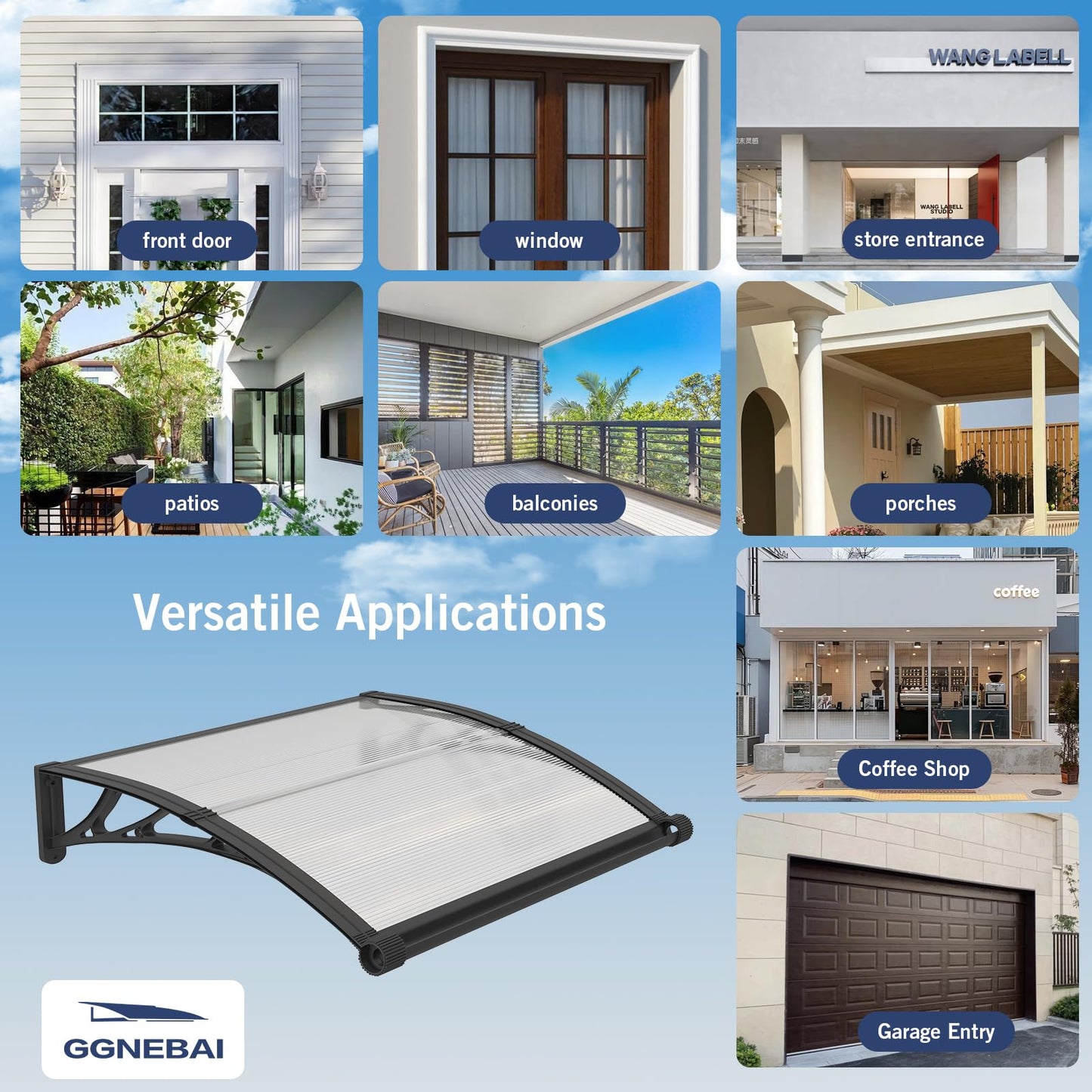 GGNEBAI Awning for Door Entrance 40x80 Inch,Awnings for Doors with Separate Drainage,Front Door Awning Exterior,Polycarbonate UV, Rain, and Snow Protection for Porch,Patio,Window,Deck