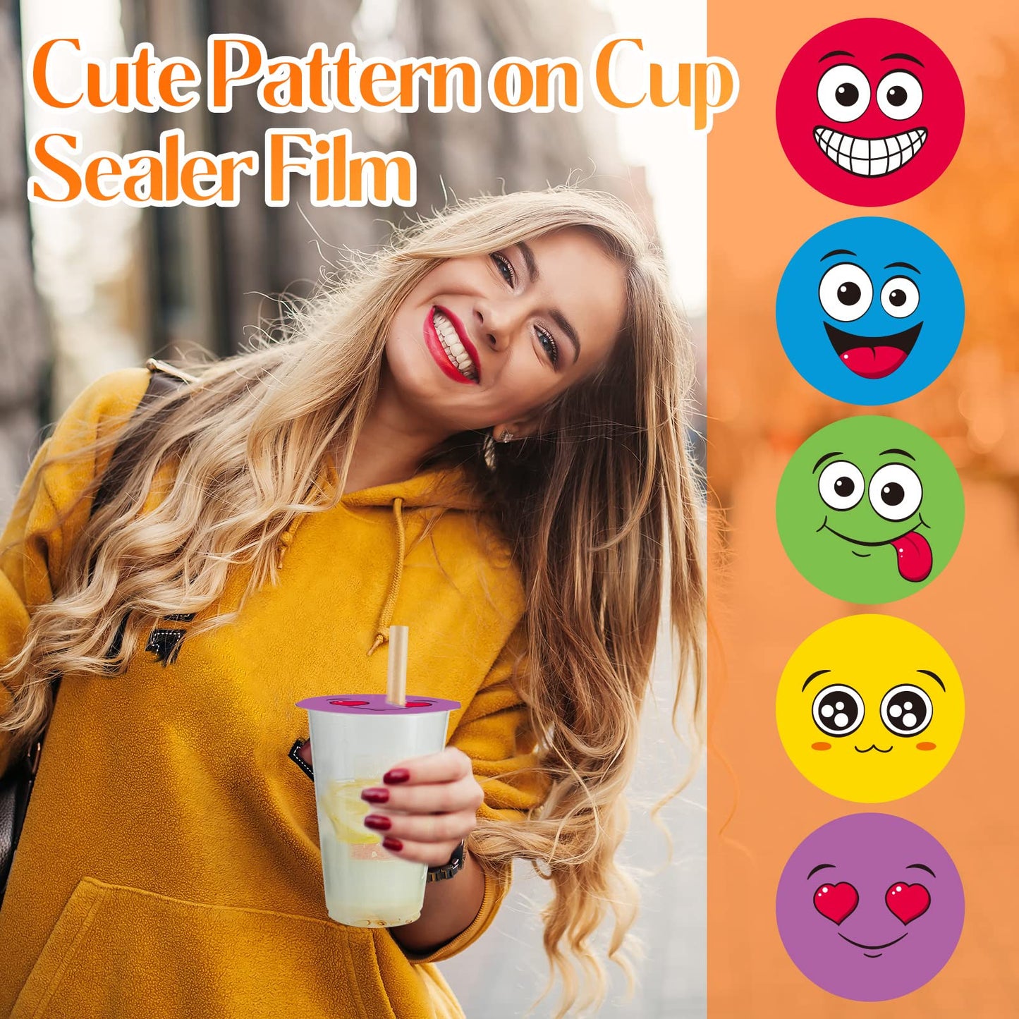 Henoyso 1 Roll Cup Sealer Film for Sealing Machine 90-105 mm 3200 Cups Bubble Tea Sealer Film for 16 oz Plastic Cups for Bubble Tea, Water, Coffee, Juice, Soda(Vibrant Color,Smile Face Style)