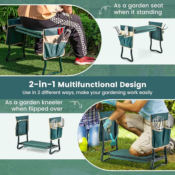 ReunionG Garden Kneeler and Seat, Foldable Garden Stool with Thick Kneeling Pad & Tool Bag, Heavy Duty 2 in 1 Gardening Bench for Seniors, Women, Parents