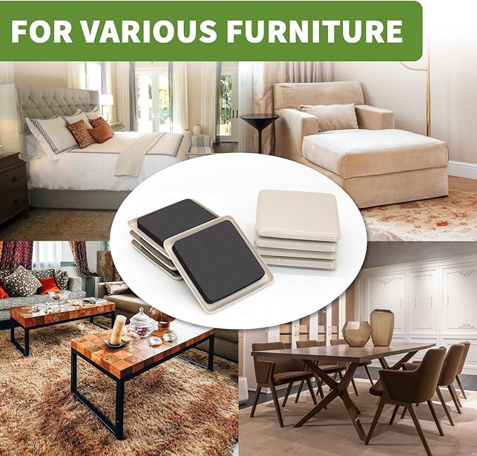 COVERCORNER Furniture Sliders for Carpet 8 PCS - 3 1/2 inch Furniture Moving Slider Chair Legs Floors Protectors Square Furniture Movers Sliders – Move Your Furniture Easy & Safely(for Carpet)