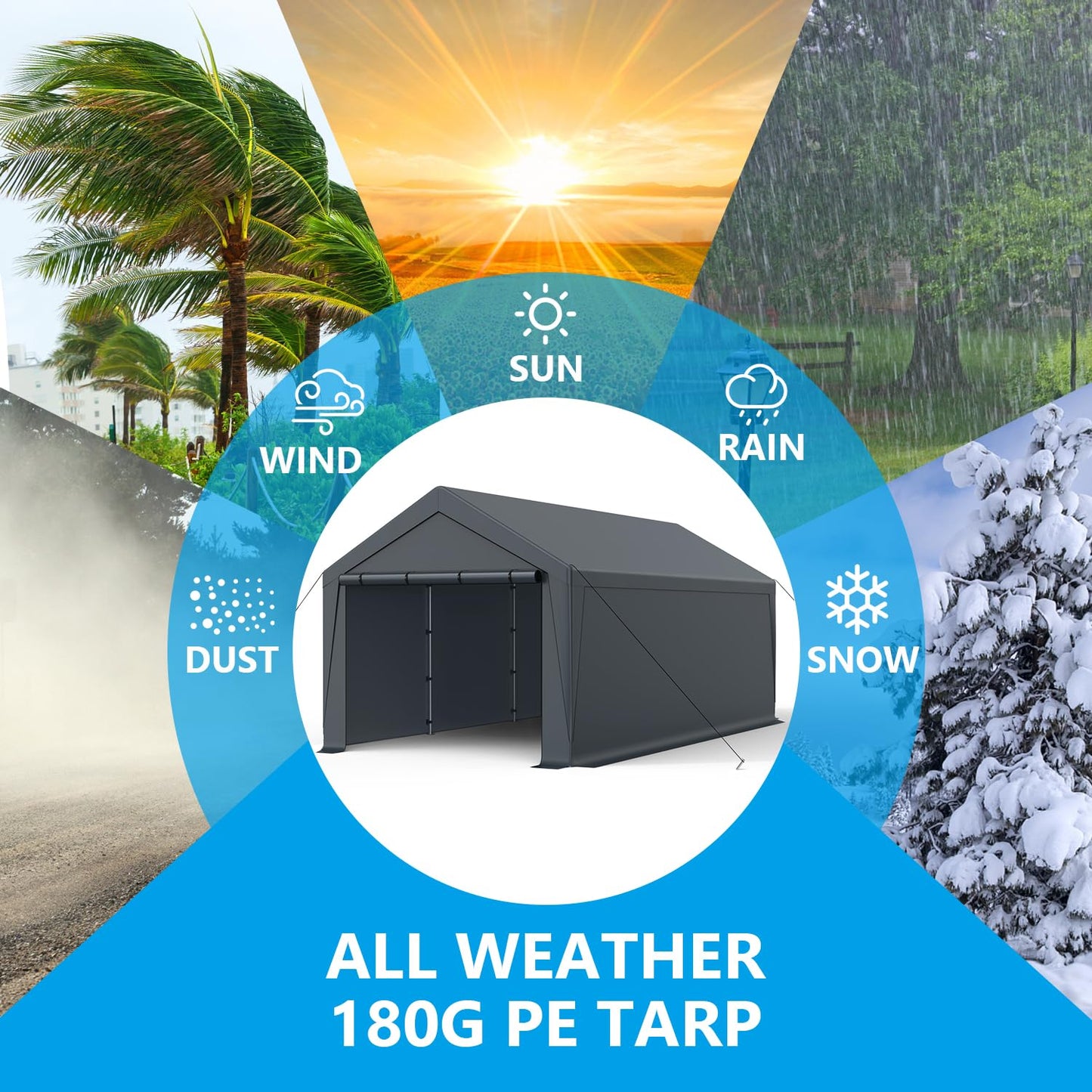 Raxmolo 12x20FT Heavy Duty Portable Carport - All-Weather Enclosed Shelter for Cars, Trucks, SUVs & Boats, Waterproof & UV-Resistant Canopy with Removable Sidewalls, Doors, Ground Stakes (Gray)