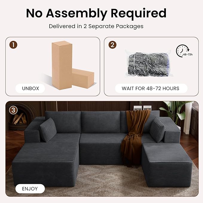 106" Cloud Sectional Boneless Couches for Living Room, Modular U Shaped Couch with Deep Seat, Removable Ottoman, Memory Foam Compressed Spineless 4 Seater Sofa for Bedroom Apartment, Grey