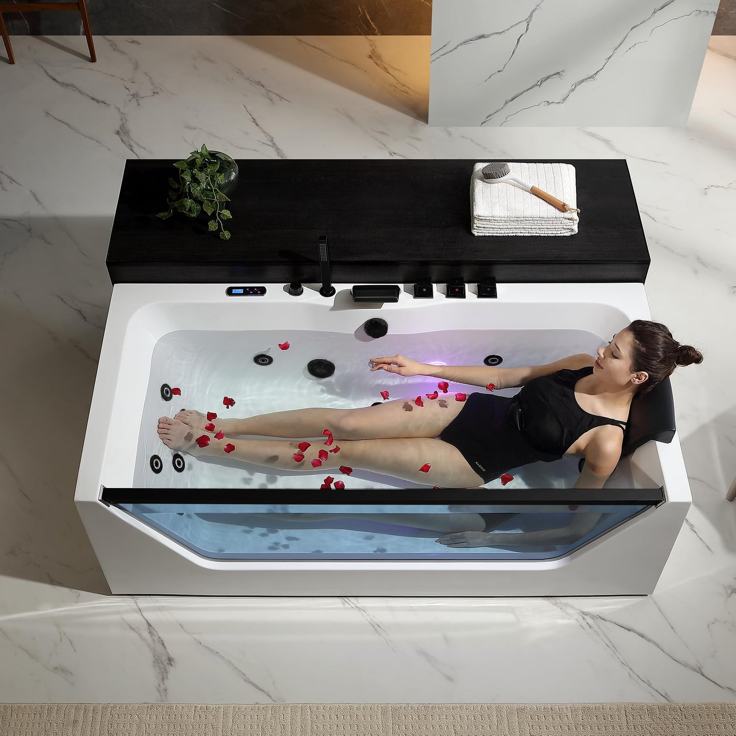 Empava Acrylic Whirlpool Bathtub, 71-Inch Jetted Bathtub with Heater, 10 Jets Hydromassage with Chromatherapy, 3-Side Apron with LED Control Panel, Waterfall, Black Hardware and Nozzles