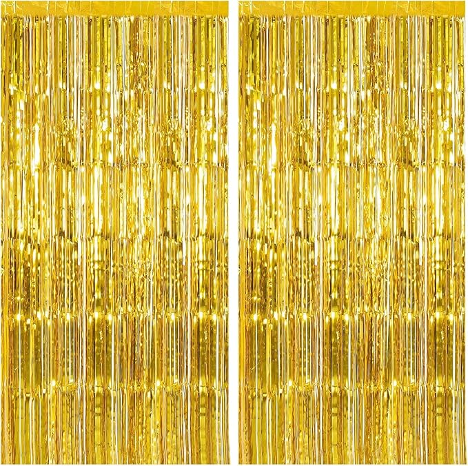 2 Pack Gold Backdrop Birthday Decorations Foil Curtain Backdrop Gold Streamers Dance Party Decorations Photo Booth Props f...