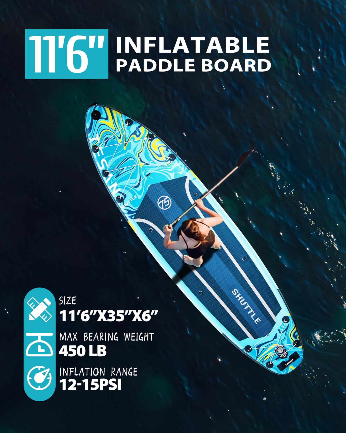 TESAN 11'6x35'' Extra Wide Inflatable Paddle Board,All-Round Ultra Stable Stand Up Paddleboards for 450lb/3 People/Family,Dual Bungees, Camera Mount, 5L Dry Bag,3 Handles,100L Backpack,3PCS Paddle