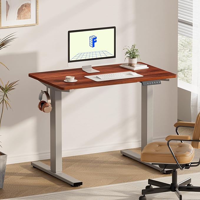 FLEXISPOT EN1 One-Piece Adjustable Stand Up Desk - Electric Height Adjustable, 40 x 24 Inches (Silver Frame, Mahogany Top, 2 Packages)