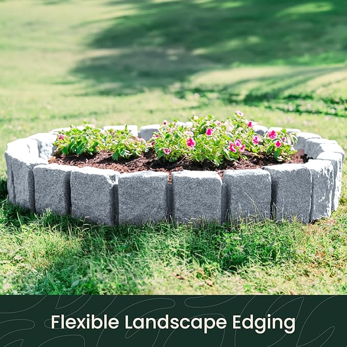 Beuta Landscape Edging | Garden Edging Border | Faux Stone Block XL for Lawn Edging, Flower Beds & Yard Edging – 4 Pack | Each Section Has 6 Blocks 48" L x 4" W x 9.5" H | 12 Spikes | Greystone