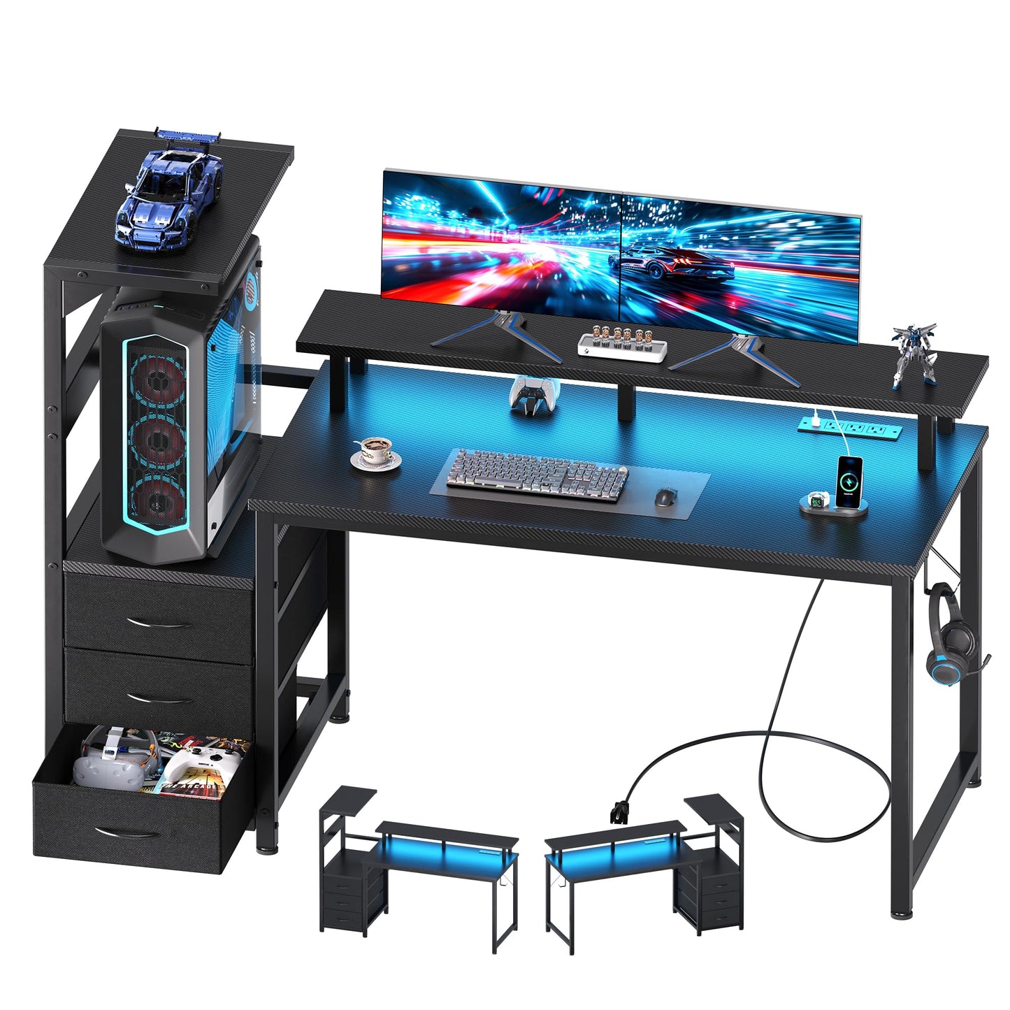 HAPPYMONT Gaming Desk with Shelves Storage Drawers, Computer Desk with LED Lights Power Outlets, Office Table with Shelf Cable Management for Bedroom Dual Monitor Streaming, Black