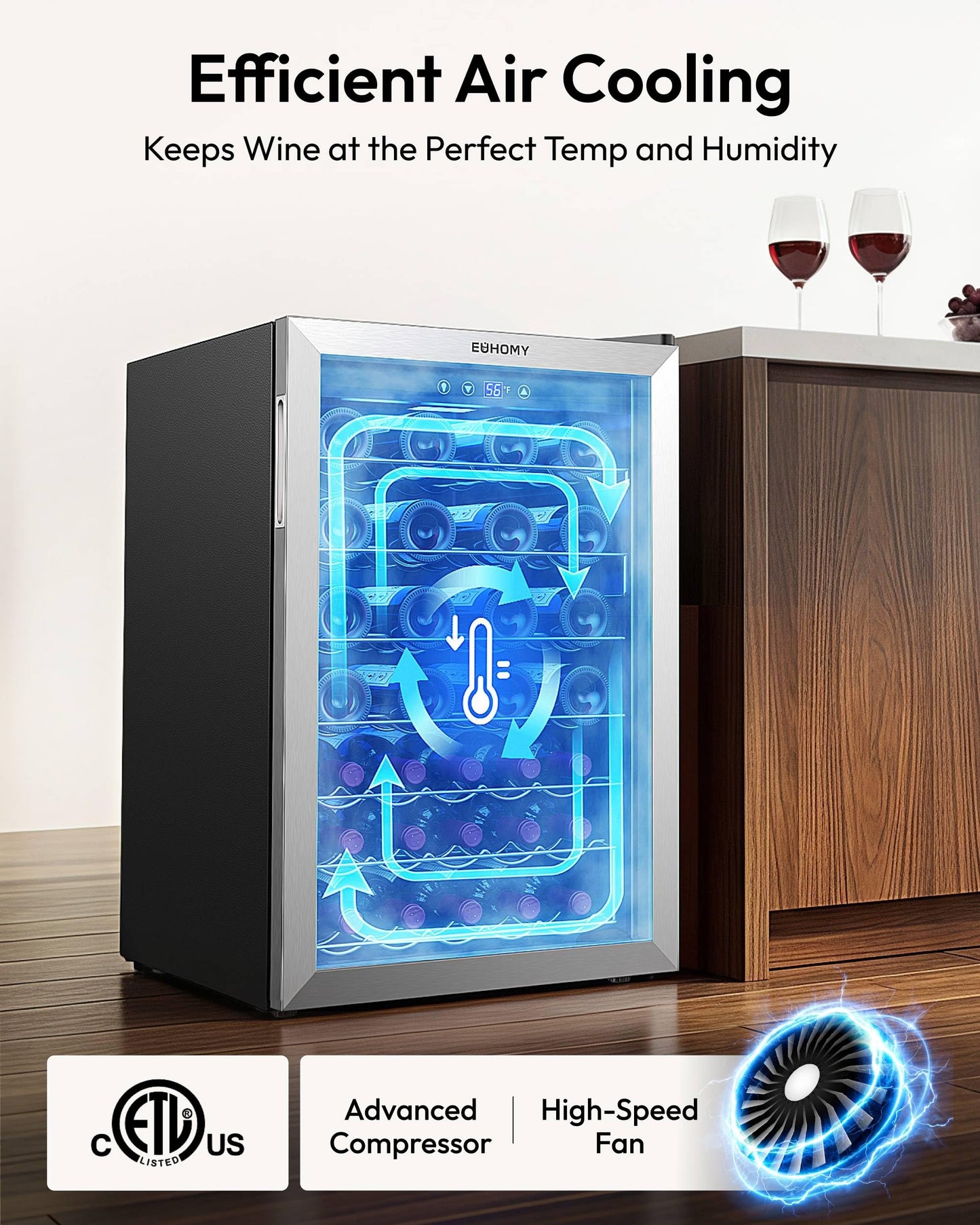 EUHOMY 45 Bottle Wine Cooler Refrigerator, Wine Fridge with Stainless Steel Glass Door for Red, White and Champagne, Mini Fridge with Adjust Temperature for Home Kitchen Bar 4.5 Cu.Ft, Silver