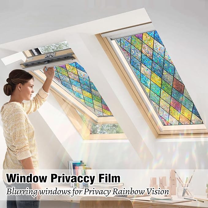 QHY Sunshine Colorful Rainbow Stained Glass Window Film Non-Adhesive Window Privacy Film Reusable Decorative for Room (Chequered Rainbow, 23.6 X 78.7 in)