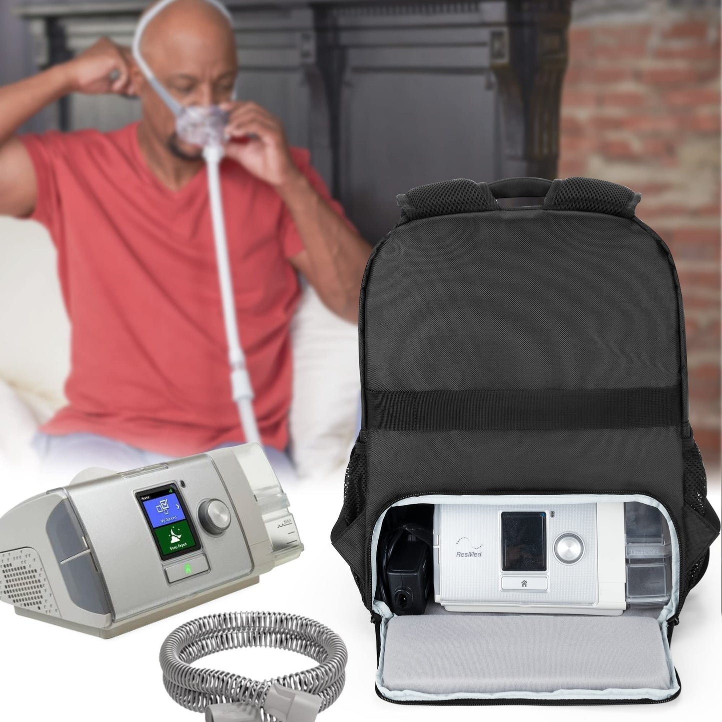 CURMIO CPAP Backpack Compatible with ResMed Air Sense 11, Air Sense 10, Air Sense 9, CPAP Travel Bag with Luggage Strap Compatible with Philips CPAP Machine and Accessories, Black (Patent Design)