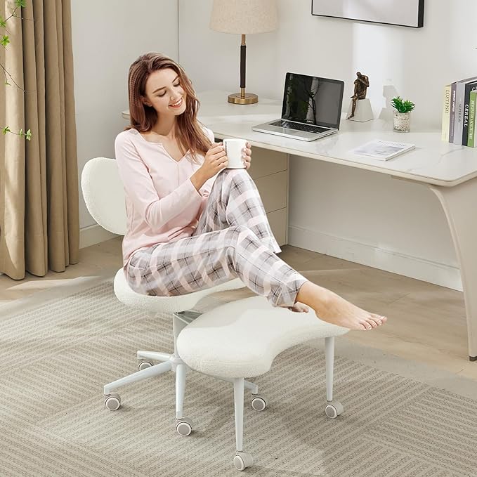 Cross Legged Office Chair with Wheels–360°Swivel Meditation Chair, Adjustable Height Yoga Office Chair for Adults, Ergonomic Kneeling Chair with Back Support for ADHD, Teddy Fabric, Ivory