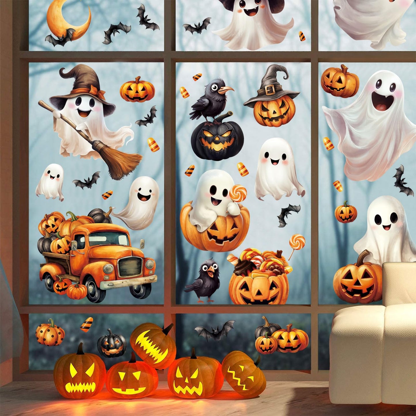 LOAVER 8 Sheets Halloween Ghost Window Cling Stickers,Spooky Ghost Pumpkin Bat Boo Window Clings for Halloween Fall Party Indoor Glass Decor