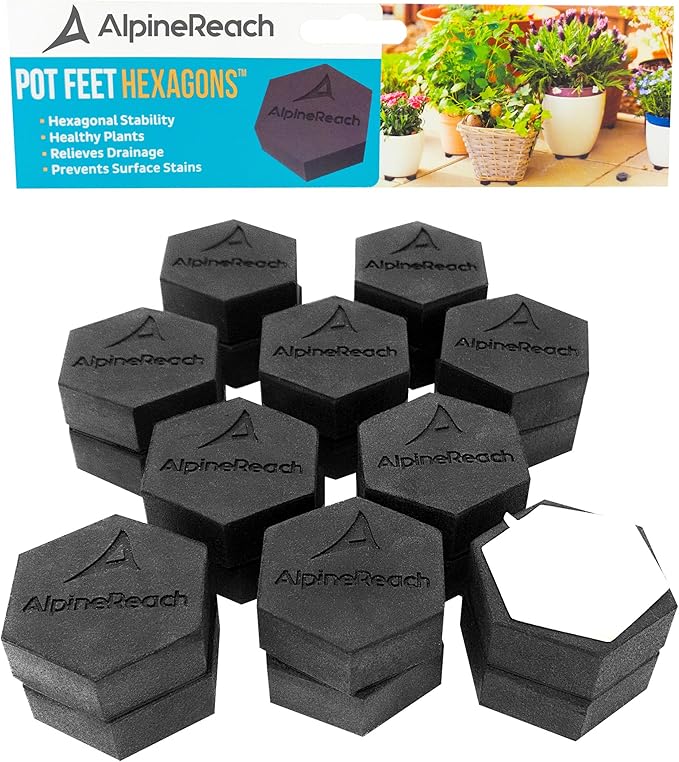 AlpineReach Extra Heavy Duty Pot Feet Risers 12 Pack Hexagons & Adhesive Pads - Protect Healthy Plants - Strong Invisible Supports Small Large Flower Planters Stability - Outdoor Lifter Toes Elevator