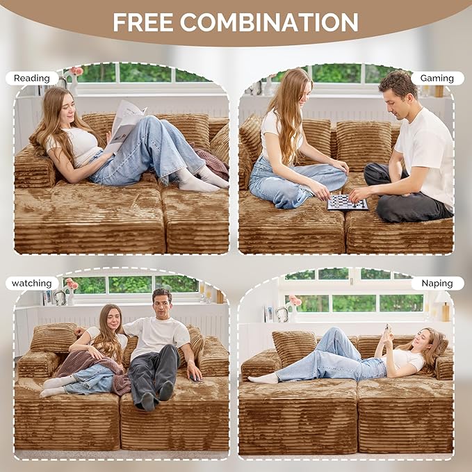 131'' U Shaped Sectional Cloud Couches with Chaise Lounge, No Assembly Required Deep Seat Modular Boneless Sofa for Living Room 3PCS, Bedroom(Camel)