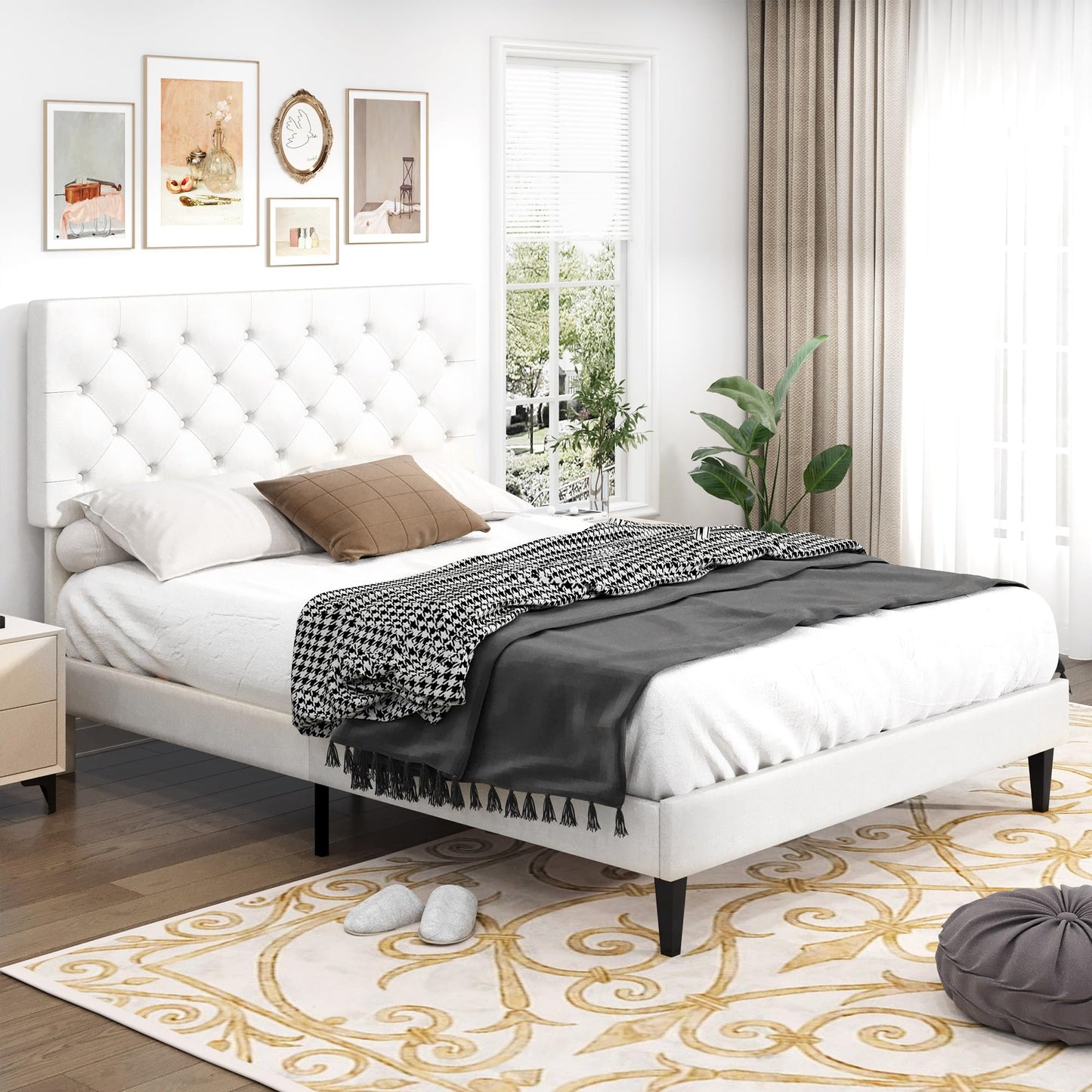 Full Size Bed Frame with Headboard, Upholstered Platform Bed with Adjustable Button Tufted Headboard, Fabric Bed Frame with Wooden Slats Support, No Box Spring Required, Easy Assembly, White