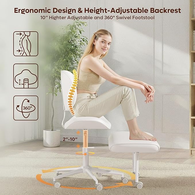 Cross Legged Office Chair with Wheels for ADHD, Ergonomic 360° Swivel Height-Adjustable Meditation Chair for Yoga, Wide Kneeling Chair with Strong Lumbar Support, PU Leather, Off White
