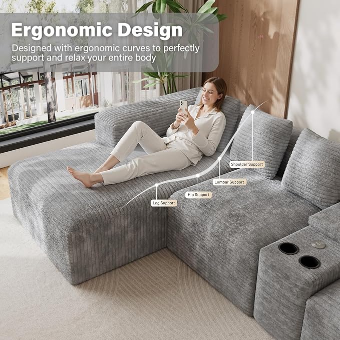 Modular Sectional Sofa with USB Cup Holders Storage, 143" U Shaped Cloud Couch Plush Corduroy Deep Seat Boneless Sofas with Double Chaise Lounge Sectional Couches Memory Foam for Living Room - Grey