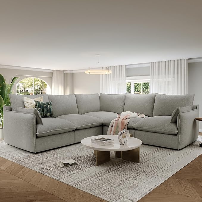 Lopzeho Cloud Modular Sectional Sofa, Waterproof Down Filled Sectional Sofas, High Backrest V Shaped 5 Seater Sectional Couches for Living Room, Modern Modular Couch with Removable Cover, Light Gray