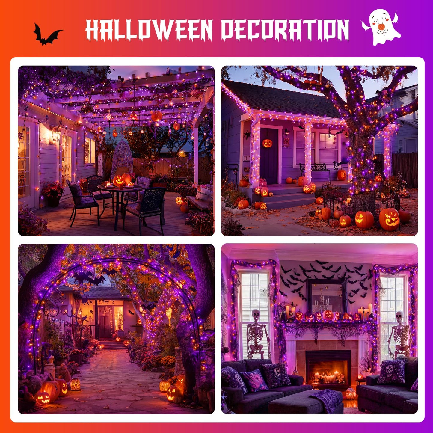 JMEXSUSS Orange and Purple Halloween Lights Battery Operated, Each 33 FT Indoor Halloween Lights Outdoor Waterproof, 2 Pack 100 LED Christmas Light for Christmas Tree Decor