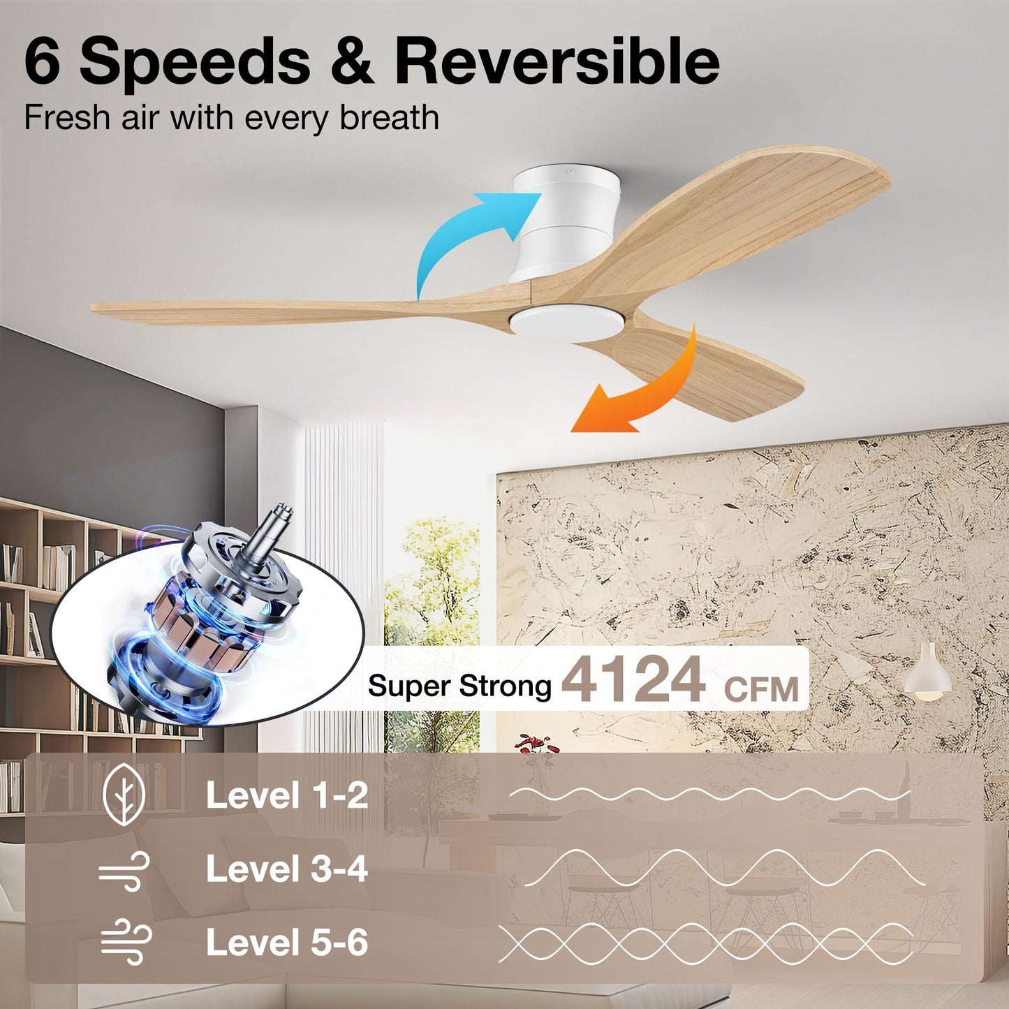 52” Wood Ceiling Fans with Lights Remote,Low Profile Flush Mount Ceiling Fan with Light,Outdoor Indoor Modern Ceiling fans for Bedroom Living room Patio,Light Wood&White,3 Blades,Dimmable LED,Quiet