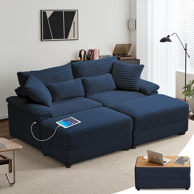 SUNWAVE 74" W Double Chaise Lounge Chair Indoor, Oversized Loveseat with Storage Ottoman, Corduroy Couch with USB Charging, Removable Ottoman, and Coffee Table Cushions for Living Room, Apartment