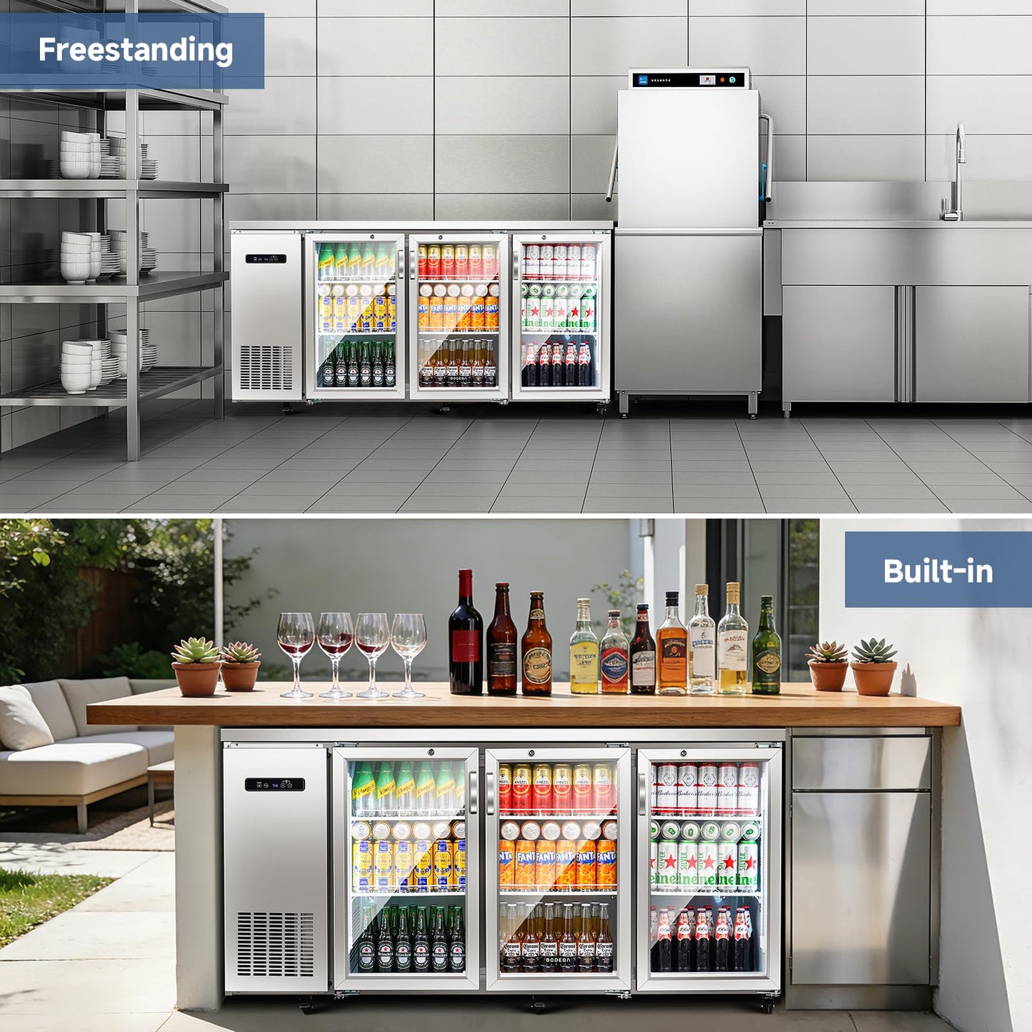BODEGACOOLER 20.5 Cu.Ft Commercial Back Bar Refrigerator - 3 Glass Door Beverage Cooler for Beer, Soda, Wine with LED Display & SUS304 Stainless Steel Exterior