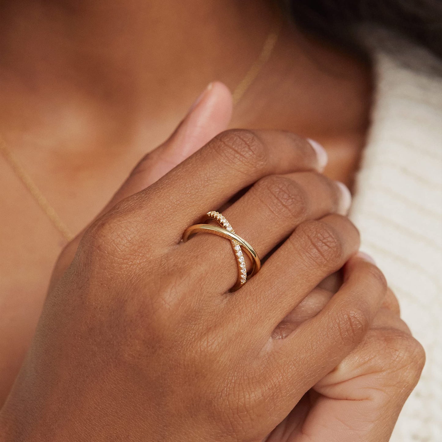 PAVOI 14K Gold Plated X Ring | Simulated Pavv Diamond CZ Criss Cross Ring for Women | Yellow Gold - Size 6