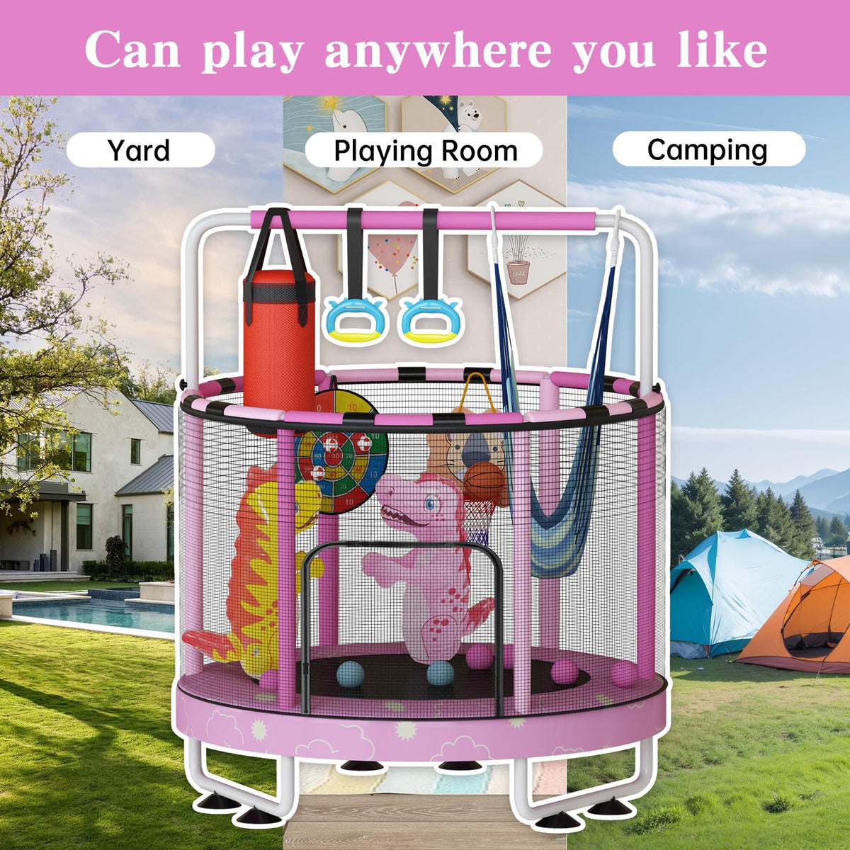 Lamerge 55" 7-in-1 Toddlers Trampoline for Kids, Upgrade Mini Trampoline with Safety Net, Indoor＆Outdoor Toy for Kids 3-8, 500lbs Capacity Trampoline for Boys & Girls, Adjustable Height – Pink Cloud