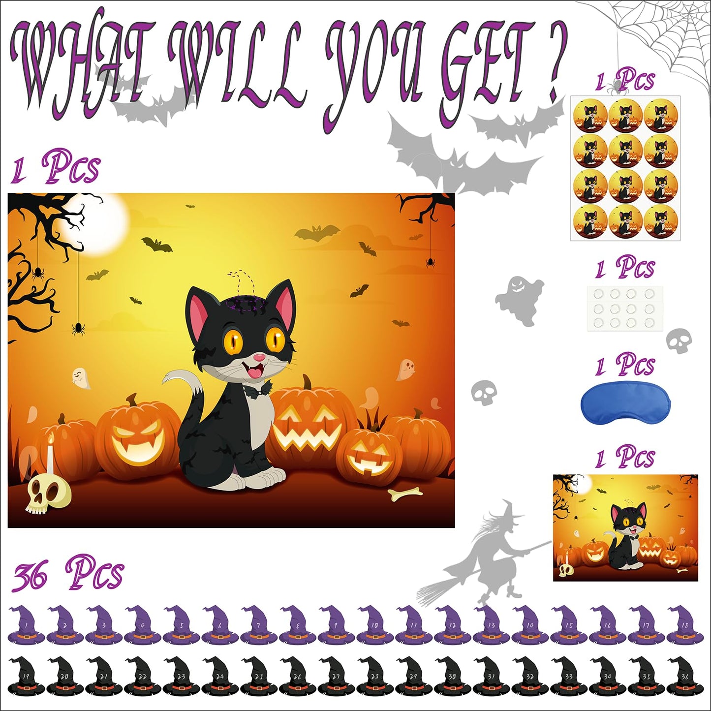 Morcheiong Halloween Game Pin The Tail on The Cat Game with 36 Hats, Halloween Party Activities Favors Supplies for Kids