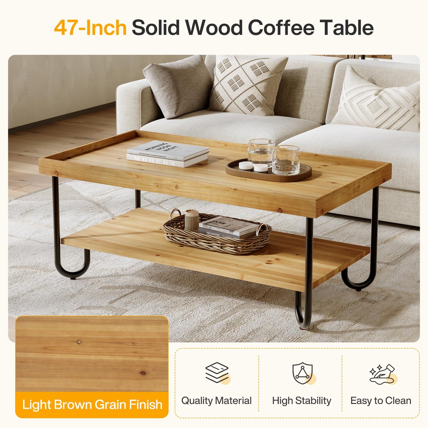 TRIBEWOOD 47.24-Inch Solid Wood Coffee Table, 2-Tier Rectangular Center Table with Curved Metal Legs, Industrial Cocktail Tea Table with Storage Shelf for Living Room, Apartment (Light Brown)