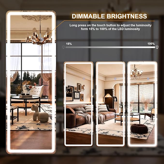 26x68 inch Full Length Mirror with Lights, LED Lighted Floor Standing, Hanging Mirror Full Length with Stand Free, Full Body Dressing Mirrors with Dimmable 3 Color LED
