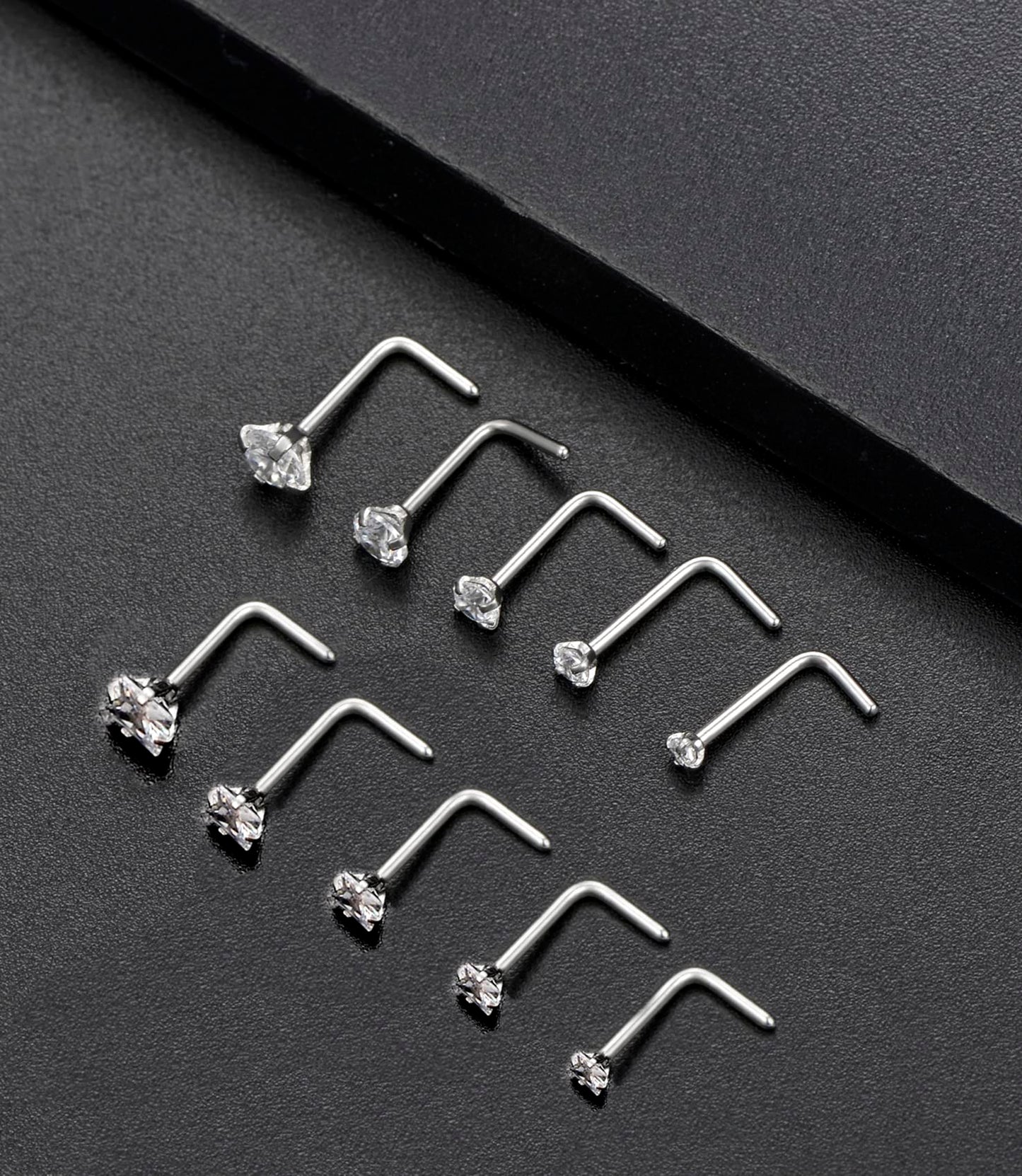 Tornito Stainless Steel L Shaped Nose Studs - 10pcs, Clear CZ, Silver Tone, Sizes 1.5mm to 3.5mm, for Men and Women