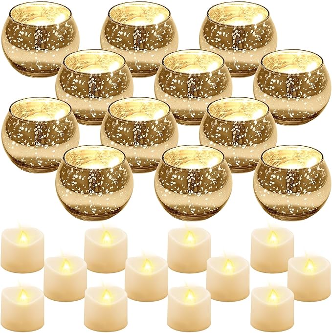 Rtteri 12 Set Votive Candle Holders Wedding Centerpiece Table Decorations Speckled Mercury Glass Votive Candle Holders wit...