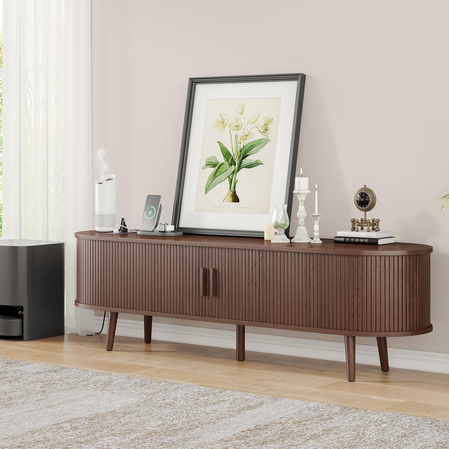 Alohappy 59" Mid Century Modern TV Stand with Charging Station, Curved Edge Fluted TV Media Console Table with Drawer and Shelf, Farmhouse Entertainment Center for Living Room, Bedroom, Walnut