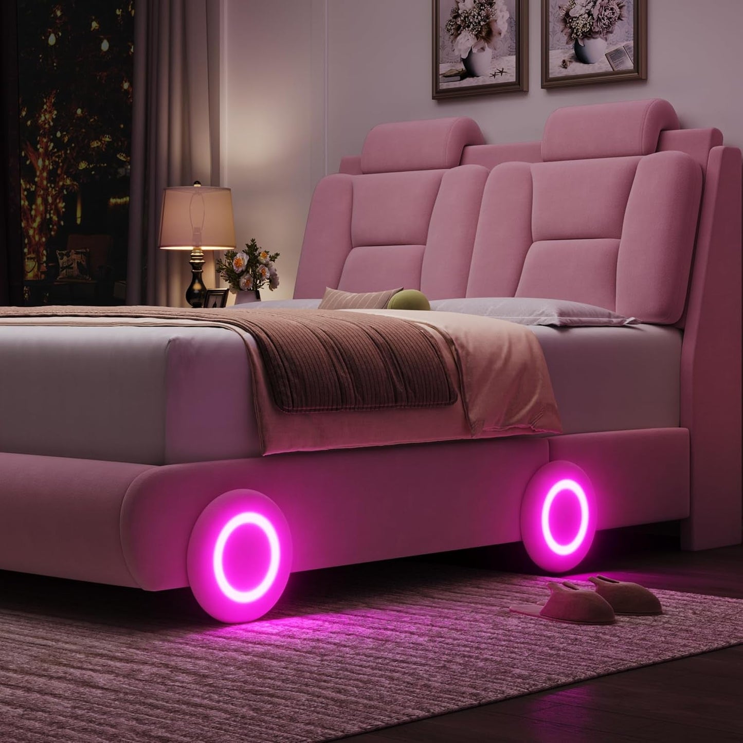 Queen Led Car Bed Frame with Wheels Decor & Adjustable Curved Headboard Modern Upholstered Platform Bed with Detachable Pillows Solid Wooden Slats Support No Box Spring Needed, Velvet Pink