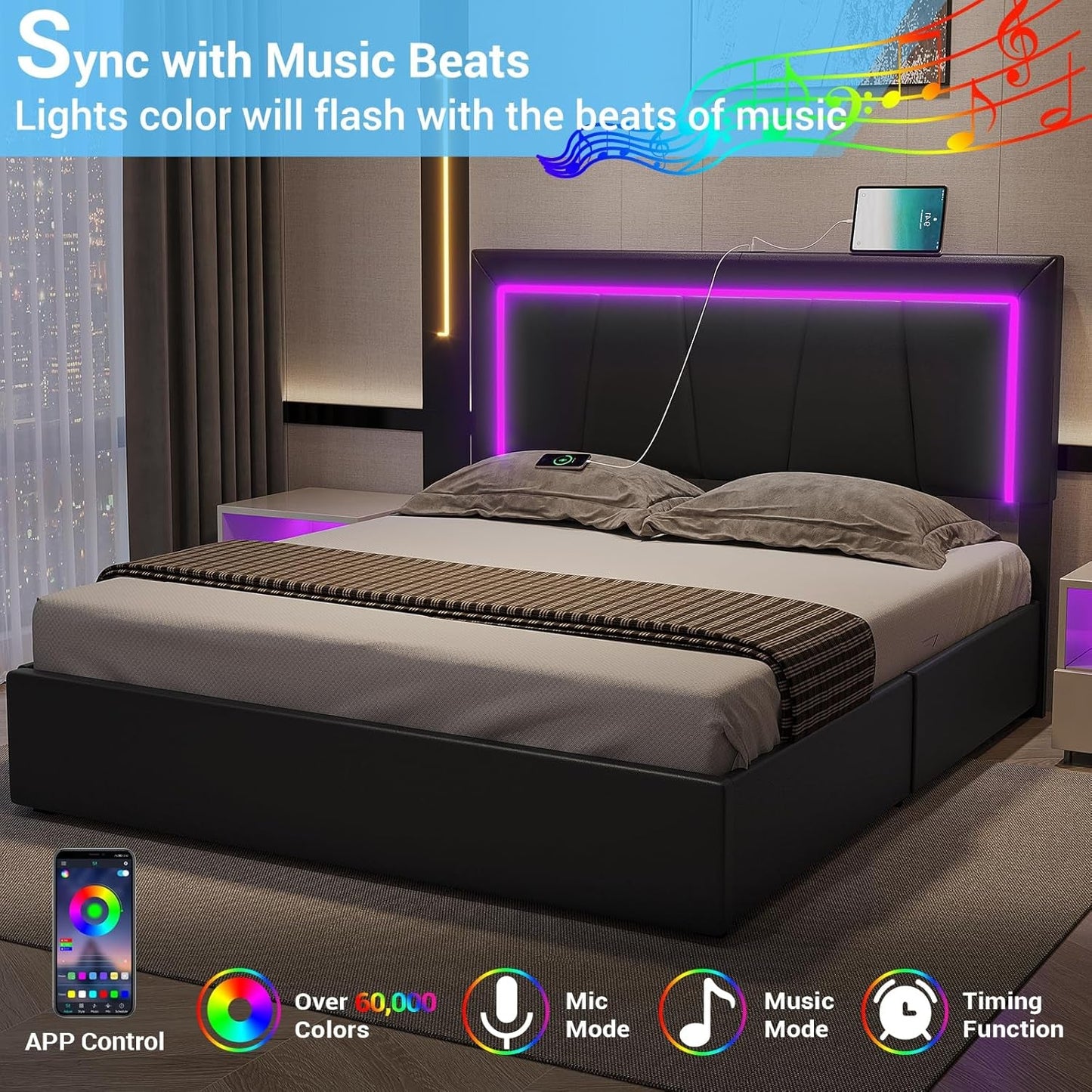 Queen Bed Frame with Headboard and 4 Storage Drawers, Modern Faux Leather Upholstered Platform Bed Frame Queen Size with LED Lights and USB Ports, No Box Spring Needed, Black