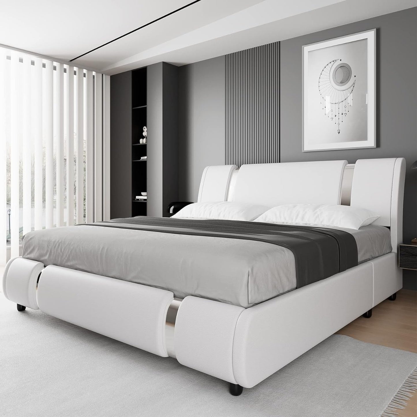 Modern Faux Leather Upholstered Platform Bed Frame with Iron Metal Decor, Adjustable Curved Headboard, Wooden Slats Support, No Box Spring Needed, Queen Size, White